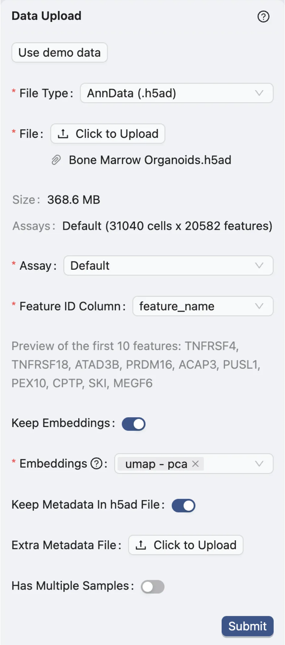 Data upload parameters Data upload parameters