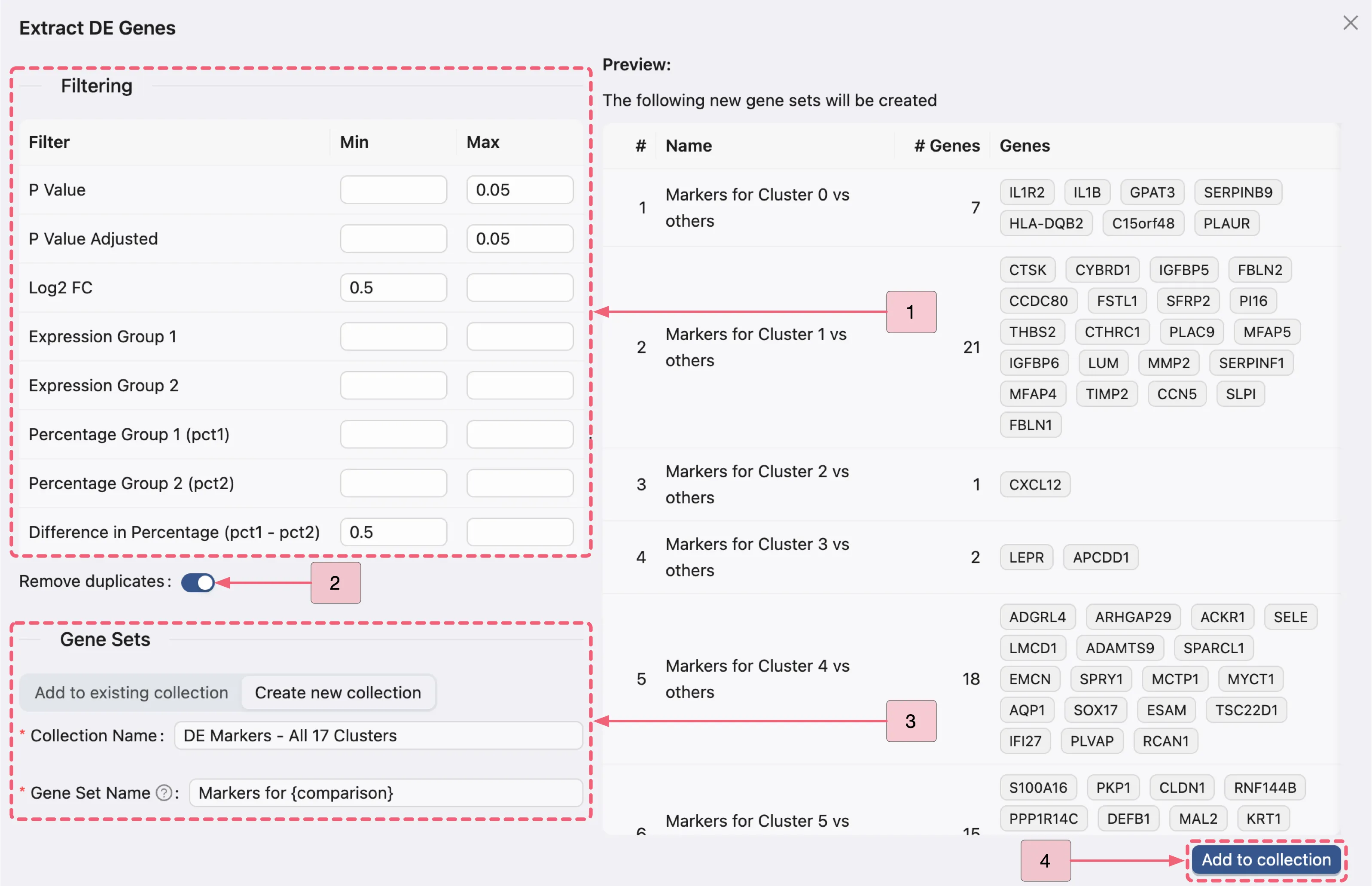 Differential Expression panel showing the Extract DE Genes button for the cross-clusters analysis.