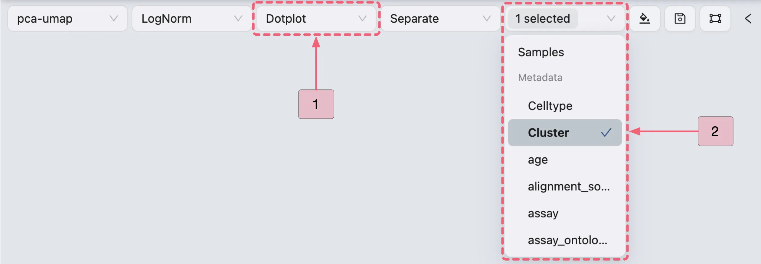 Toolbar showing dot plot visualization settings within the cross clusters analysis.