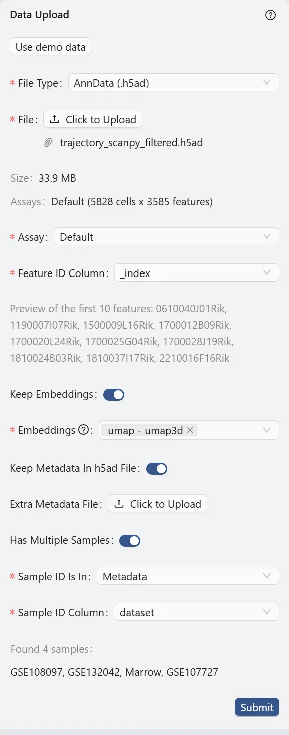 Data upload parameters