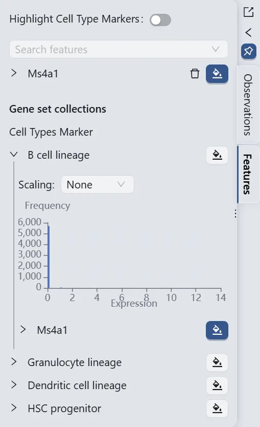 Results Selection Of The Trajectory Inference Analysis For MS4A1 Gene In the Features Panel