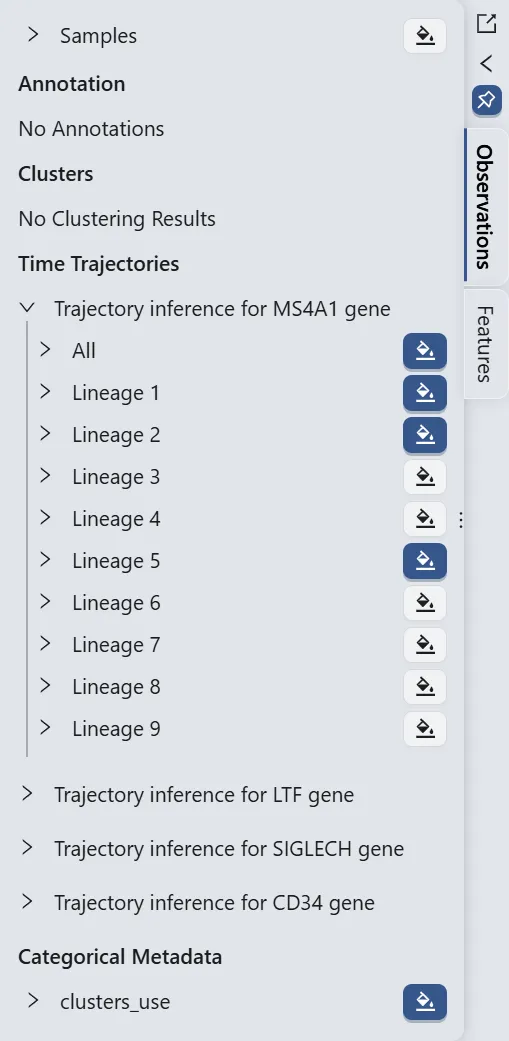 Results Selection Of The Trajectory Inference Analysis For MS4A1 Gene In the Observation Panel